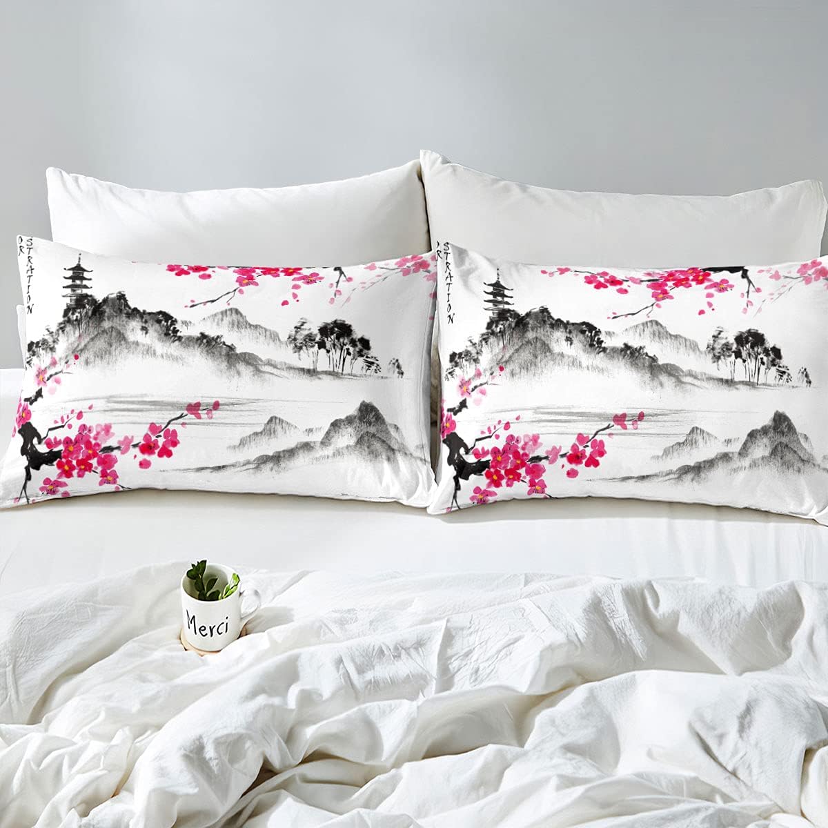 Japanese Style Cherry Blossoms Duvet Cover Set Watercolor Ink Painting Bedding Set Double For Girls Women Teens Adults Decor Pink Flowers Landscape Beds Set including Zipper - Image 3
