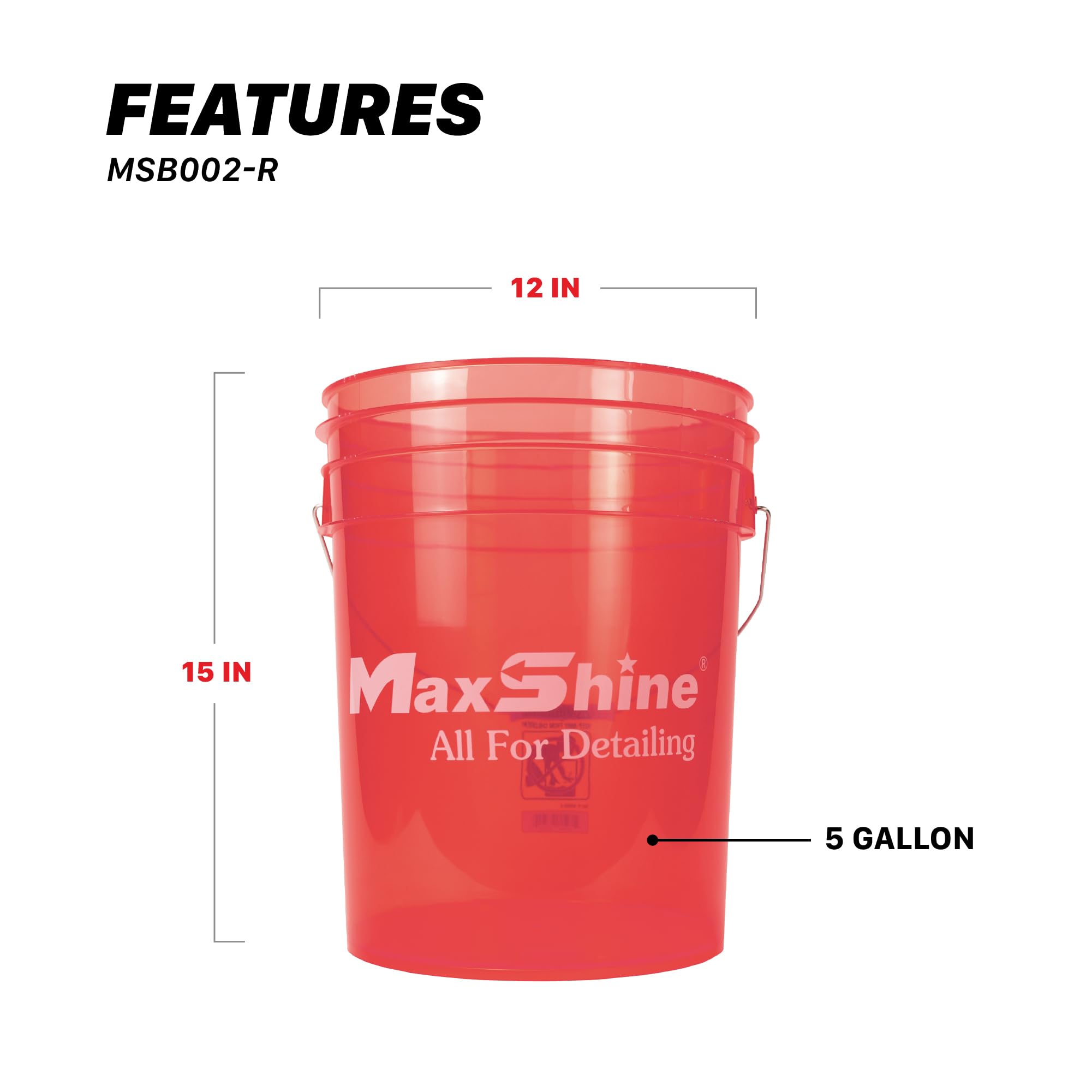 Maxshine Seau universel rouge de 1,5 l - Seau de lavage de voiture pour lavage sans rayures, rangement de garage et outils de détail - Peut contenir savon, canon à mousse, serviettes en microfibre et