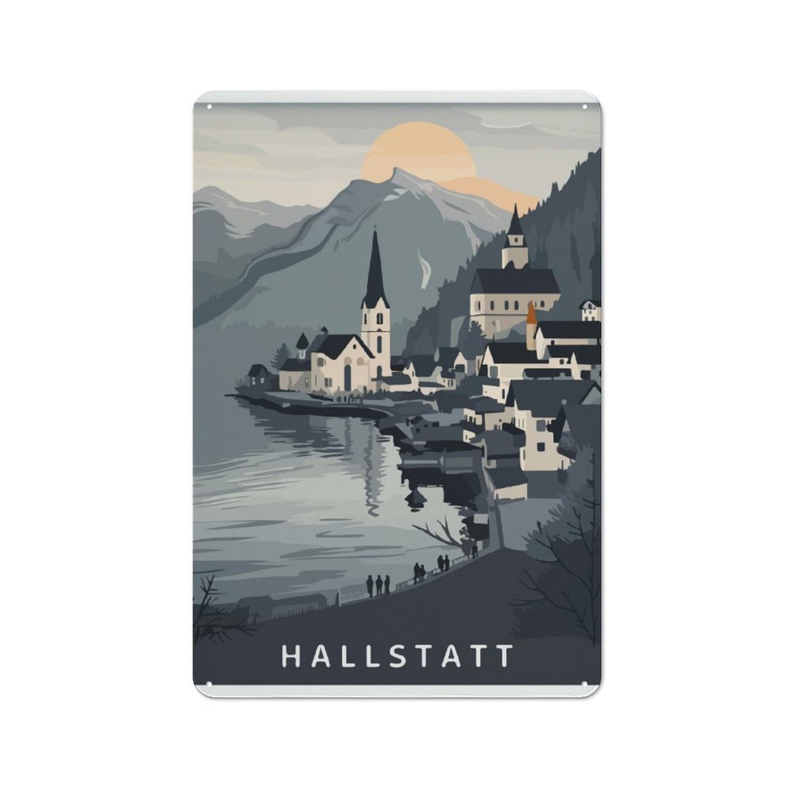 Junmoney Hallstatt Village Illustration Metal Plaque 30X20cm With For Garage Wall, Retro Decor, For Garage Decor Collectors Refreshing A Room In Autumn