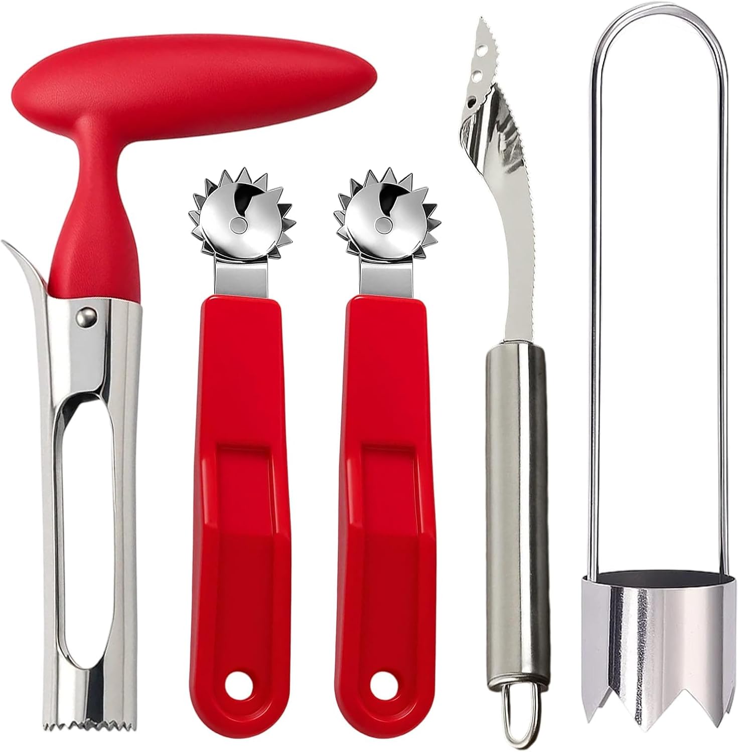 5 Pcs Tomato Tool, Apple Corer, Bell Pepper Corer, Pepper Corer Seed Remover Tool, Red and Stainless Steel Corers for Fruits and Vegetables, Easy to Use and Clean