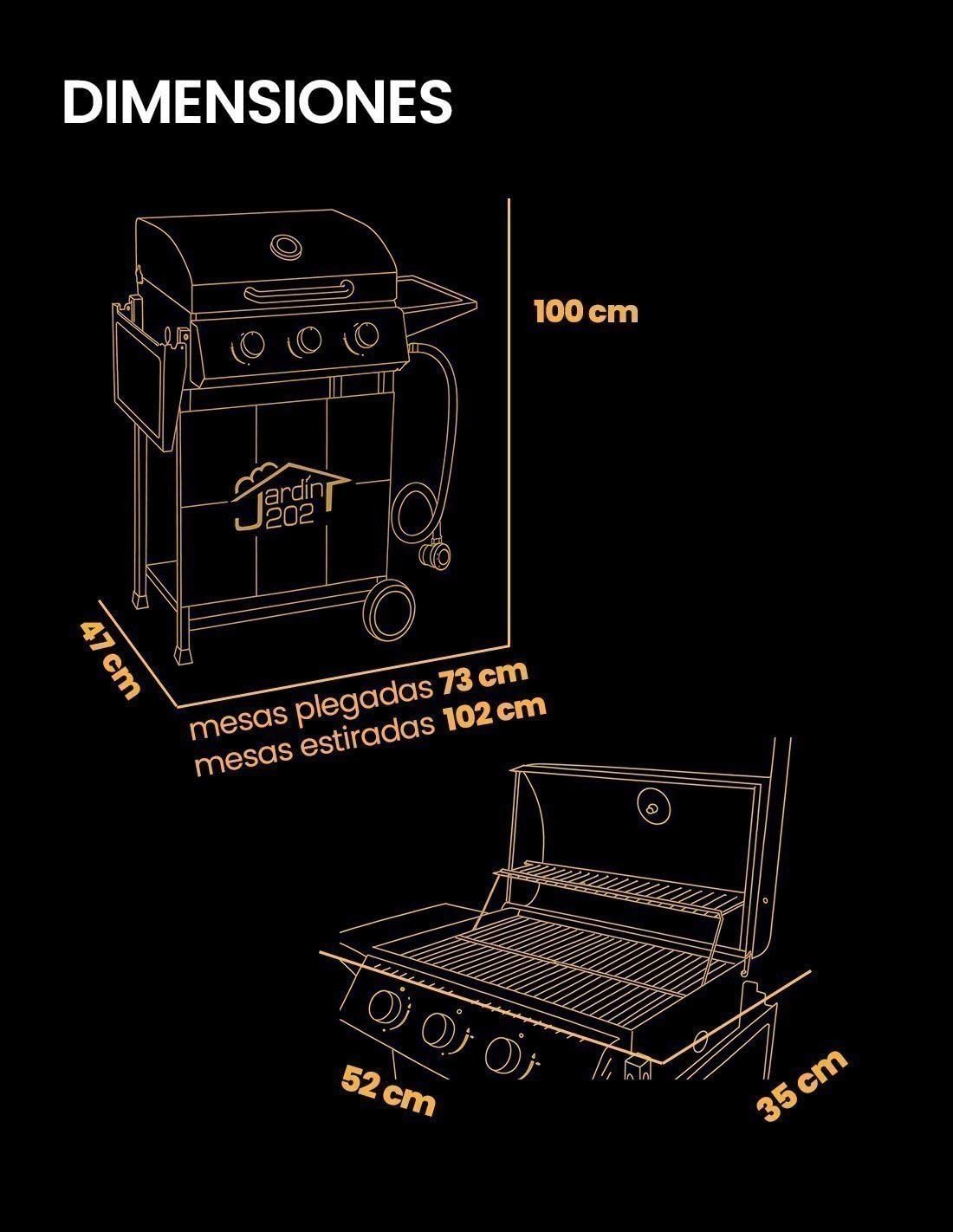 JARDIN202 - Barbacoa Gas Alaska 3 Quemadores | Parrilla Gas con Tapa y Ruedas | Termometro | Mesas Auxiliares Plegables | (Negro)