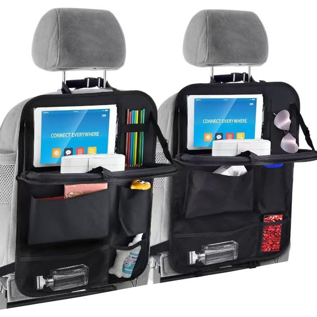 Lot de 2 sacchetti portaoggetti per sedile auto, organizer per sedile posteriore auto per bambini con supporto da tavolo pieghevole, dotato di rete portaoggetti centrale per sedile auto, sacchetti