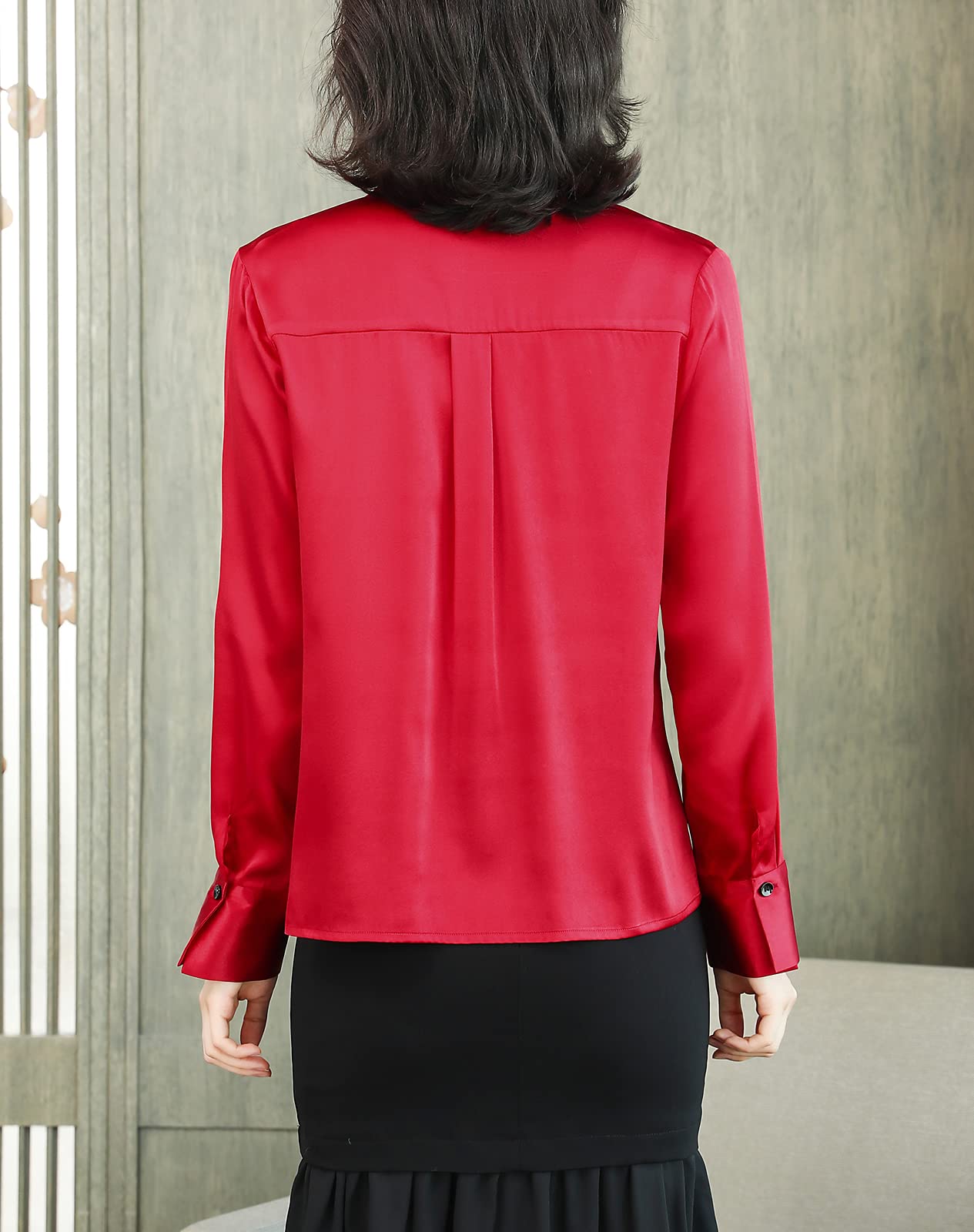 DISSA S6619 - Blusa de seda para mujer, con botones sólidos, manga larga, con solapas, de seda, rojo, 40
