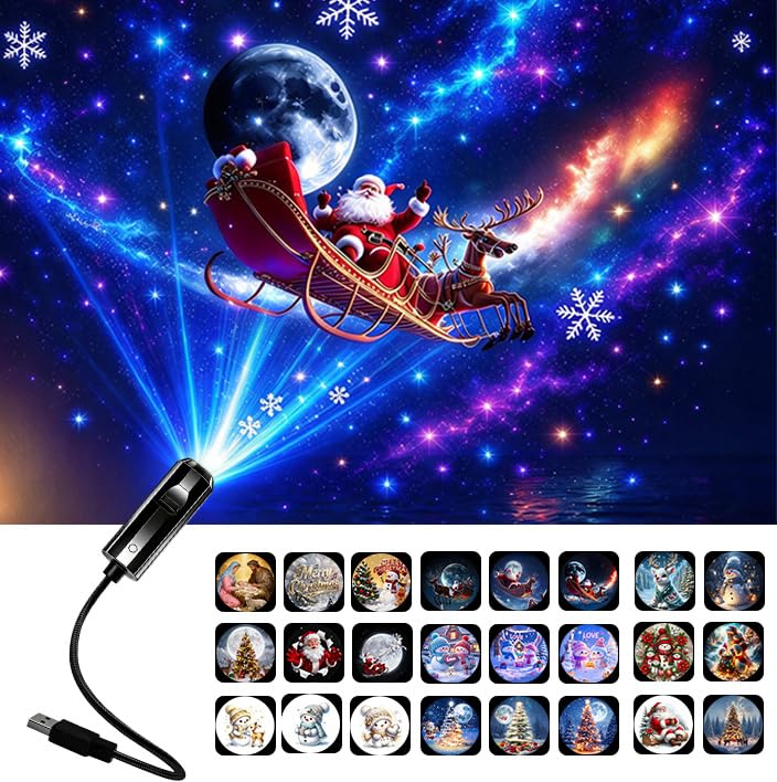 Christmas Projector Indoor, Plug and Play Christmas Projector, 24PCS HD 5D Holographic Night Light Projector, 360° Adjustable, 6/24 Festive Scenes, USB Ceiling Lamp for Bedroom, Living Room, Car