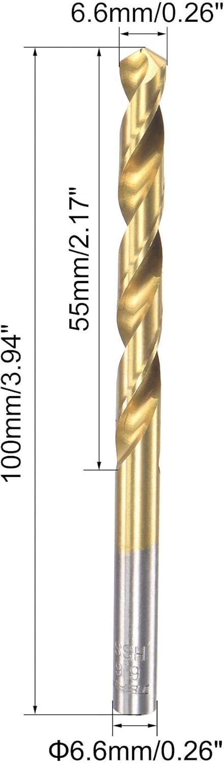 sourcing map High Speed Steel Straight Shank Twist Drill Bit Fully Ground Titanium Coated 6.6mm Drill Diameter 100mm Total Length 55mm Drill Bit Length 2 Pcs - Image 3