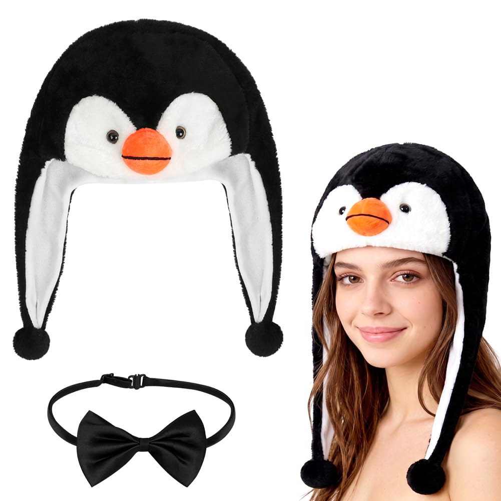 DiULi 2 Pcs Penguin Hat, Cute Plush Animal Hat Cosplay with Bow Tie
