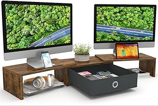 YAOHUOO Monitor Stand with Storage Drawer for 2 Monitors, Dual Monitor Stand Riser with Adjustable Length and Angle, Desktop Organizer for Computer PC Laptop Monitors,Rustic Brown