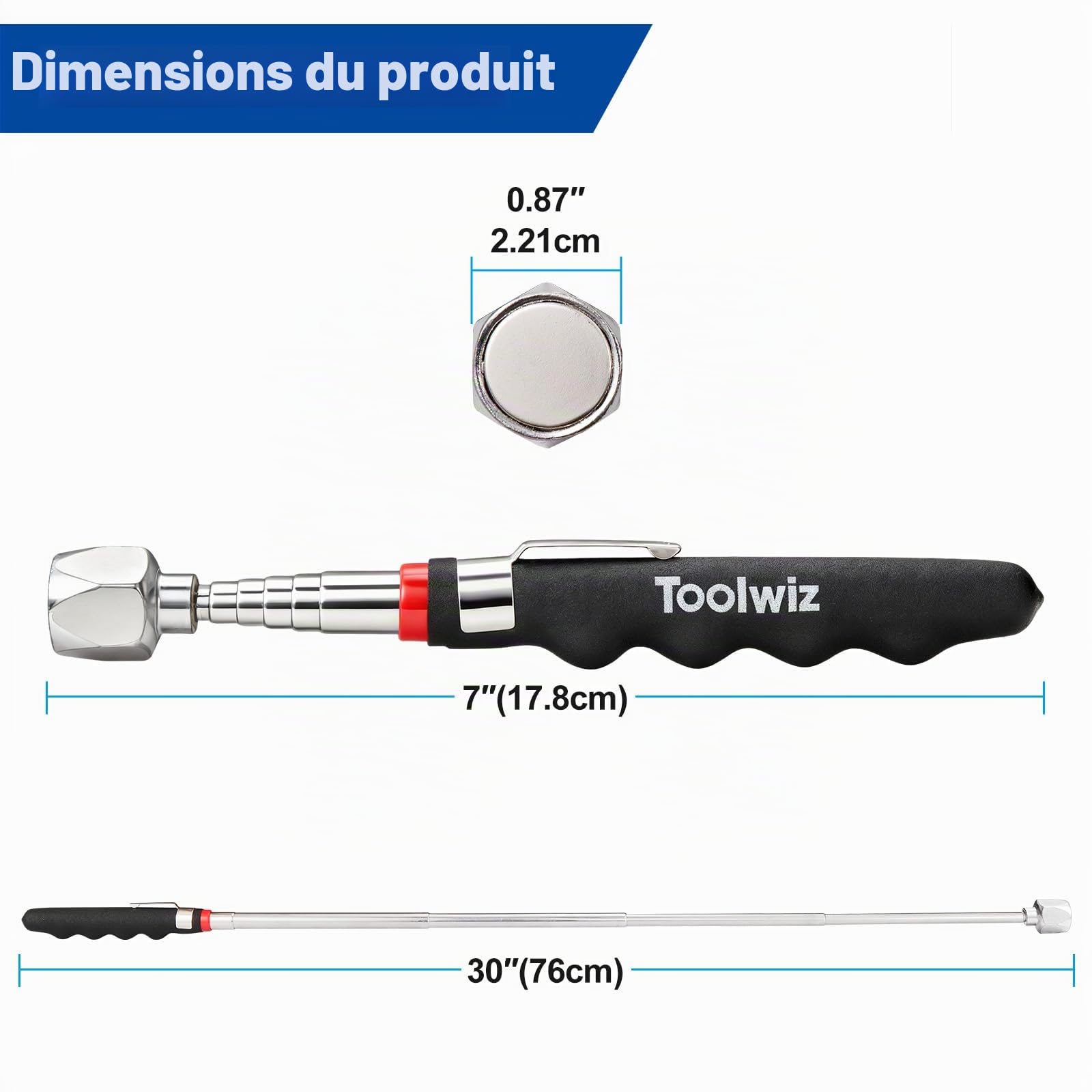 Toolwiz Balai magnétique roulant de 43,2 cm, 4 kg, avec outils de ramassage magnétiques télescopiques de 7,3 kg – Balayeuse légère avec roues pour clous, vis et débris métalliques pour usage