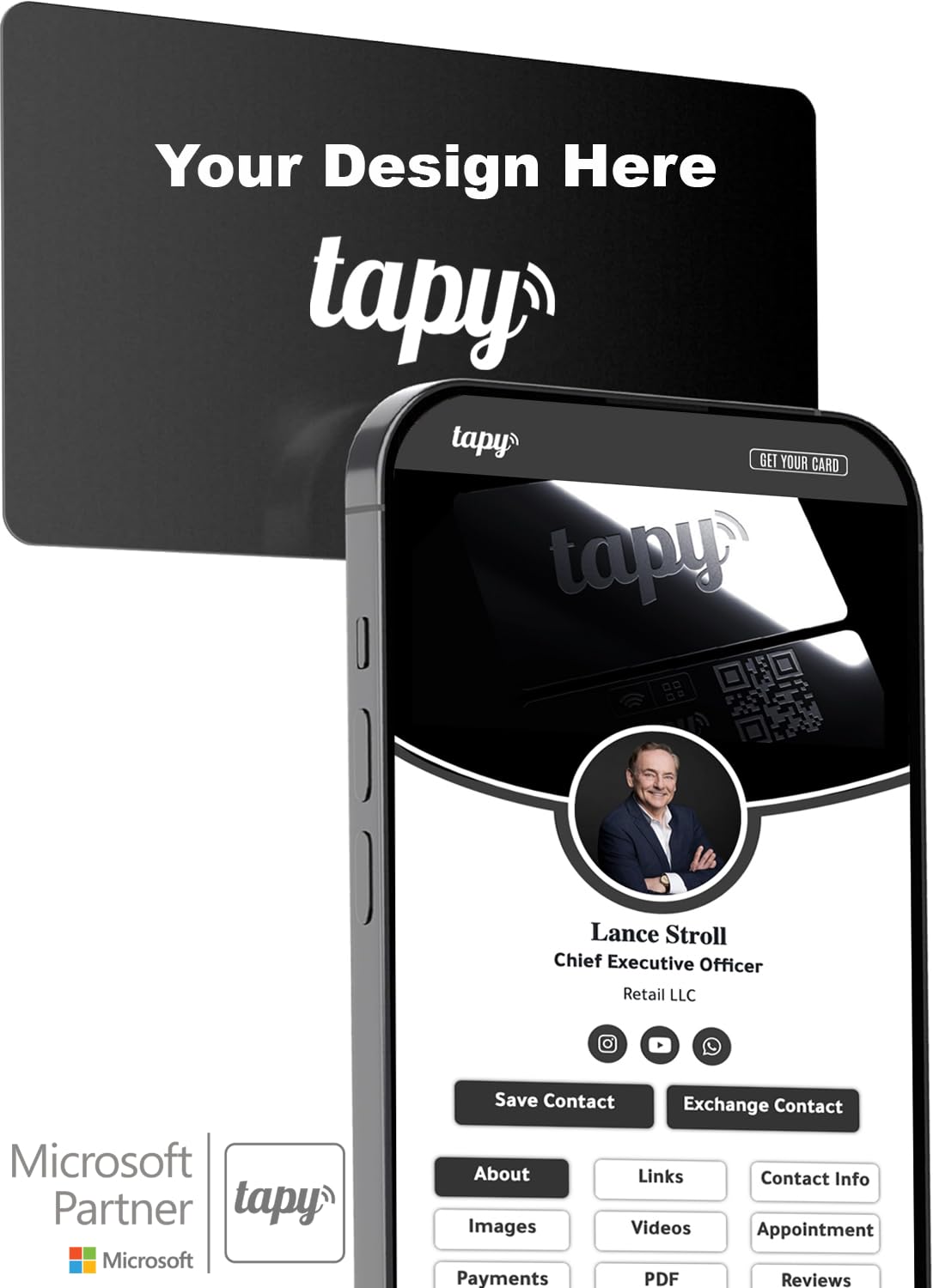 TapyNFC Digital Business Card Premium Night Black Smart Card Instant Networking Contactless Technology iOS and Android Compatible Powered by Microsoft (Full Customization (Front & Back))