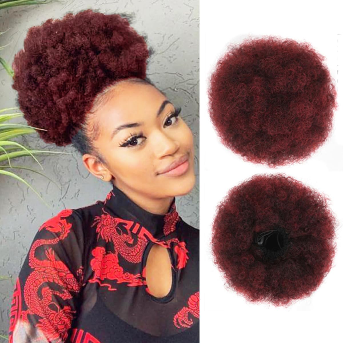 HEVAYO KISS Afro Puff Ponytail for Black Women Kinky Curly Ponytail Hair Premium Ombre Red Synthetic Hair Bun Extensions Hairpieces Updo Hair With Two