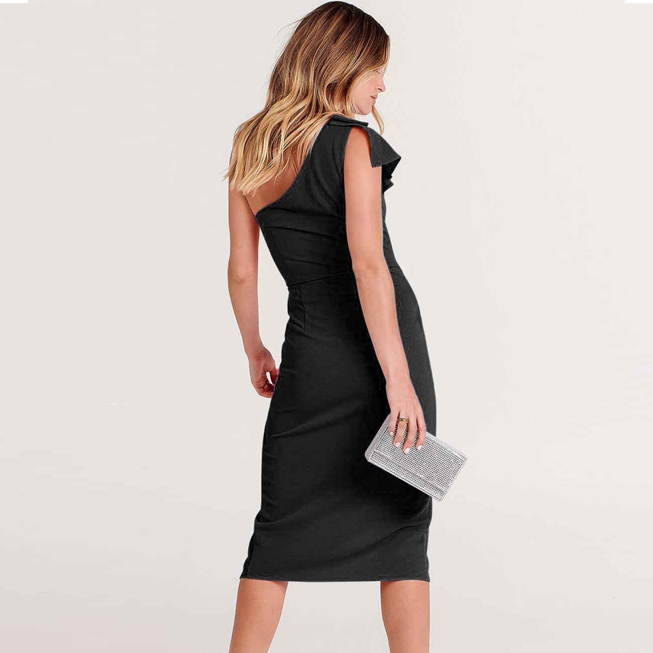 Vestito Donna Elegante Abito Una Spalla Pieghettato Chiffon Elegante Tubino Festa Cocktail da Damigella della Sera e Cerimonia Matrimonio Lady Dress