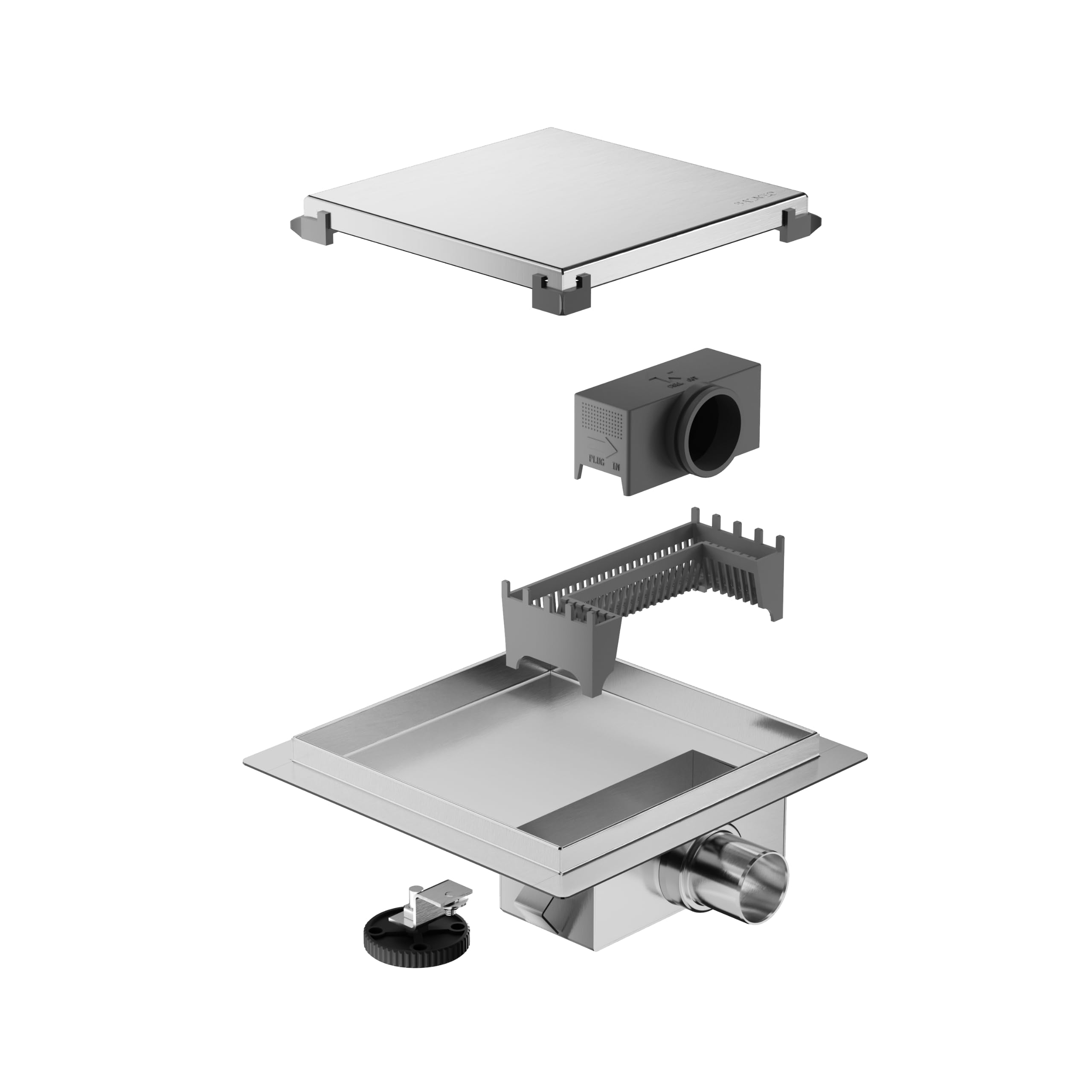 Caniveau de Douche Carré 20x20 cm INOX - Caniveau d'Évacuation Complet pour Salle de Bain - Extra Plat - Chromé des Deux Côtés - Caniveau de Douche W-Drain 2en1