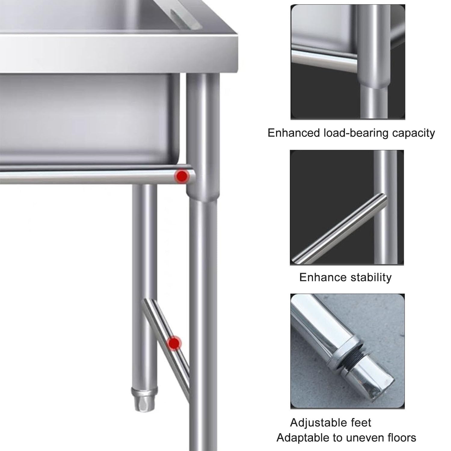 Fregadero de Cocina Independiente Fregaderos de Dos Senos, Fregadero de Acero Inoxidable Industriales con Grifo, Patas Acero, Fácil de Instalar, para Cocina, Restaurante