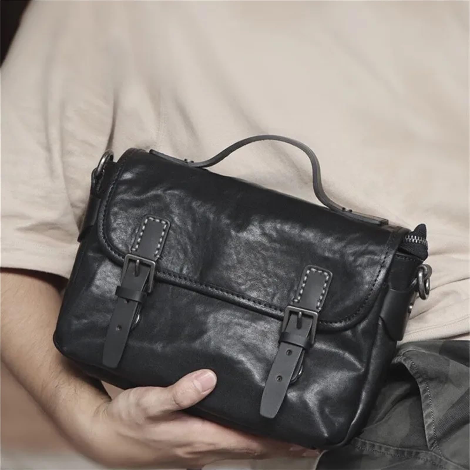 Bolso bandolera informal de cuero genuino for hombre, bolso hombro diario al aire libre for adolescentes