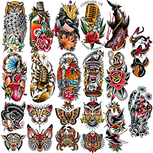 SOOVSY 77 Hojas de Tatuajes Temporales Clásicos, Tatuajes Falsos de la Vieja Escuela Flores Golondrinas Mariposas Tigre Escorpión Mano Búho Espadas para Mujeres Niñas y Hombres Adultos Hombro Brazo