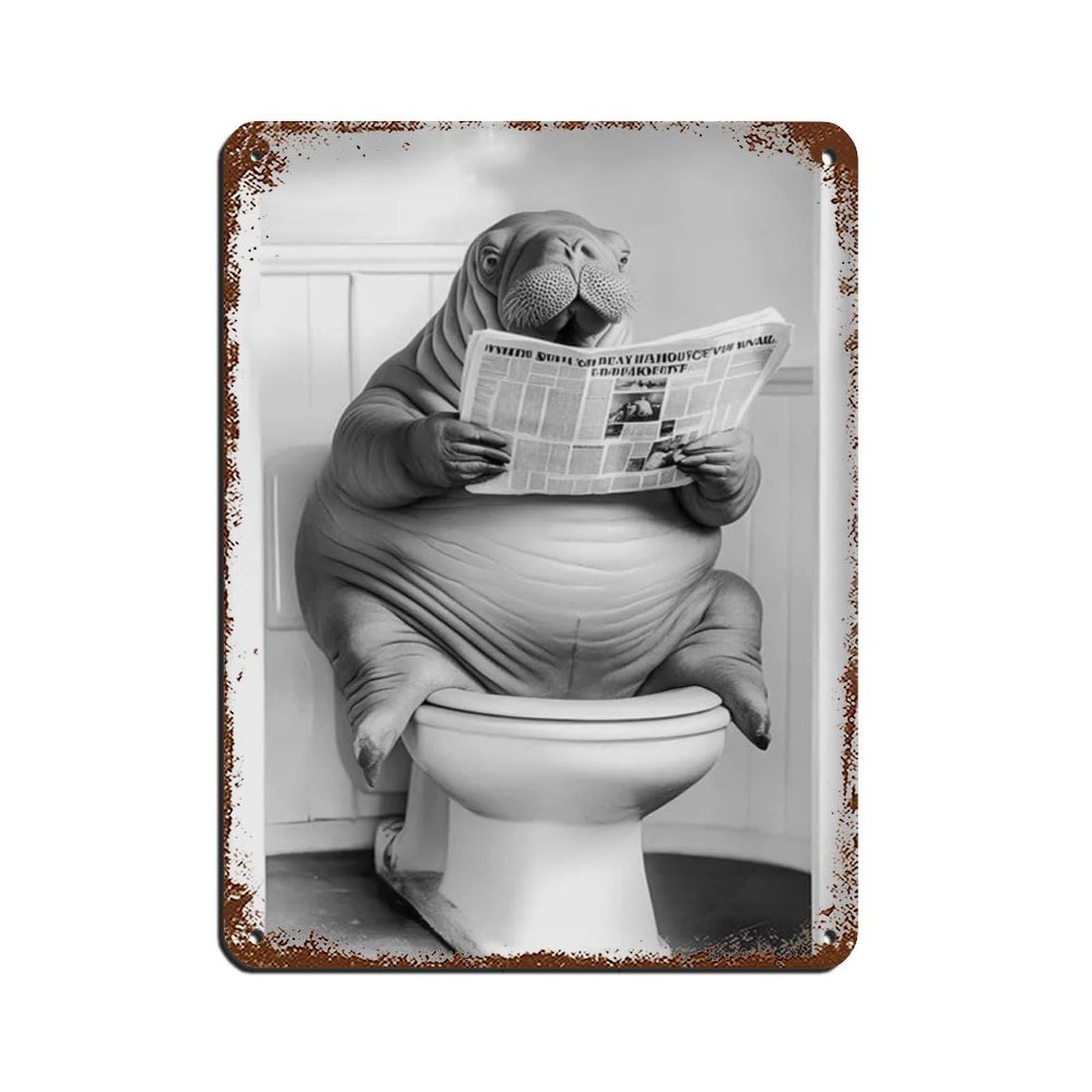 Walrus Sitting on The Toilet Reading A Newspaper Retro Poster Metal Tin Sign Chic Art Retro Iron Painting Bar People Cave Cafe Family Garage Poster Wall Decoration 12x16inch(30x40cm)