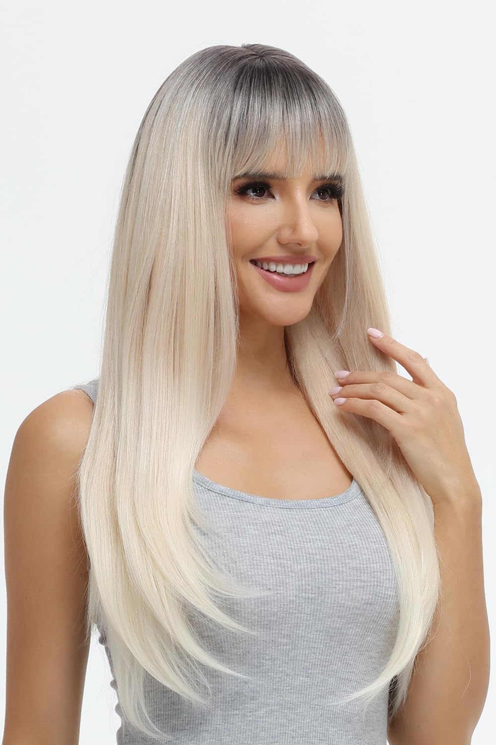 BUYOGET Long Wigs for Women with Fringe Adjustable Straight Synthetic Hair Wig Cosplay Daily Use Wigs 24 inch Ombre Blonde - Image 2