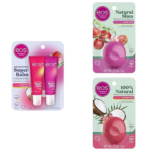 eos Paquete de leche de coco + manzana de miel paquete de 2 superbálsamo de humedad las 24 horas + 2 esferas de bálsamo labial natural