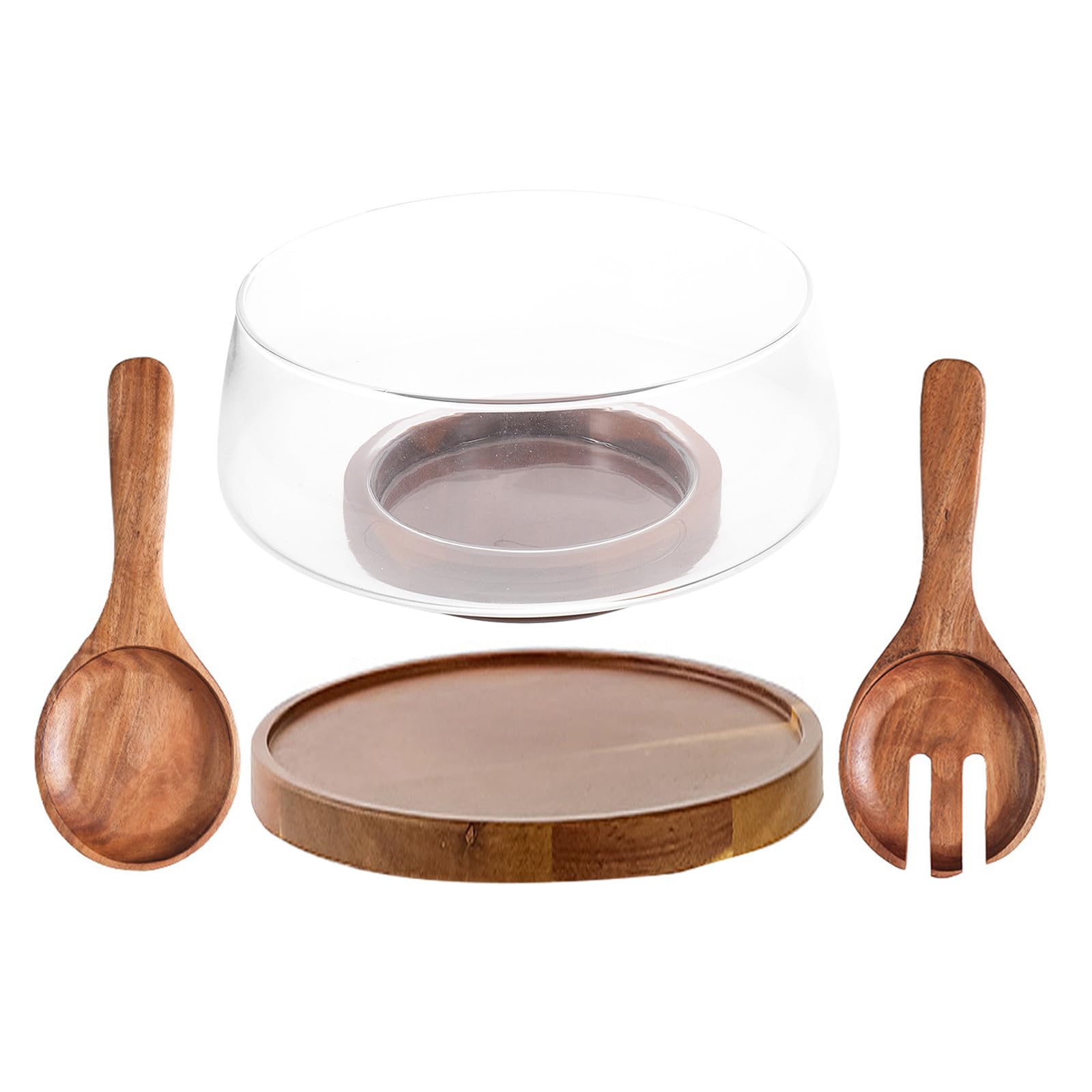 VICASKY Ensaladera de Vidrio con Tapa y Base de Madera 3,4 L