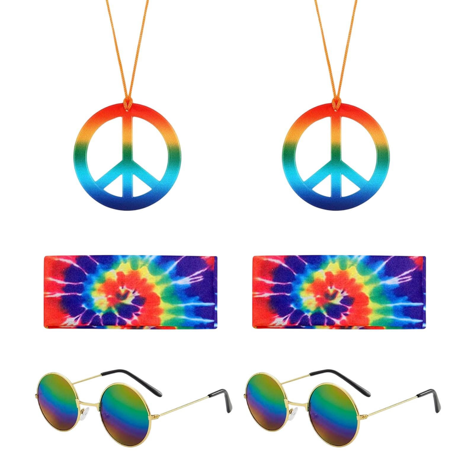 Juego de 6 piezas de disfraz hippie con diadema de girasol, collar con signo de la paz, gafas de sol hippie redondas para disfraz hippie, accesorio de Halloween, discoteca, fiesta temática