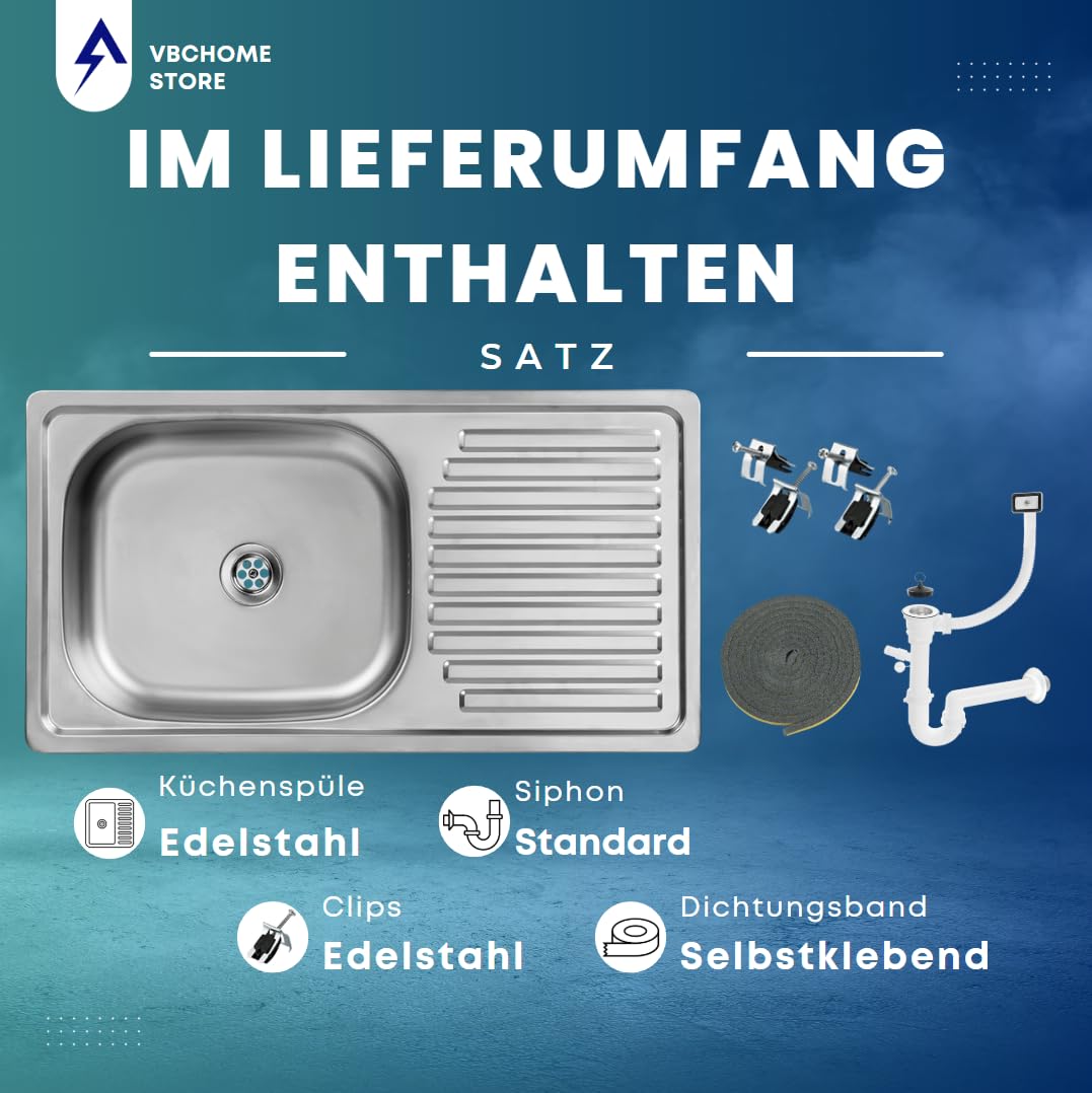 VBChome Edelstahlspüle 75x40x14 cm Edelstahl Glatt Küchenspüle ohne Hahnloch Spüle Reversibel Pflegeleichte Abtropffläche Camping Ablaufgarnitur Siphon