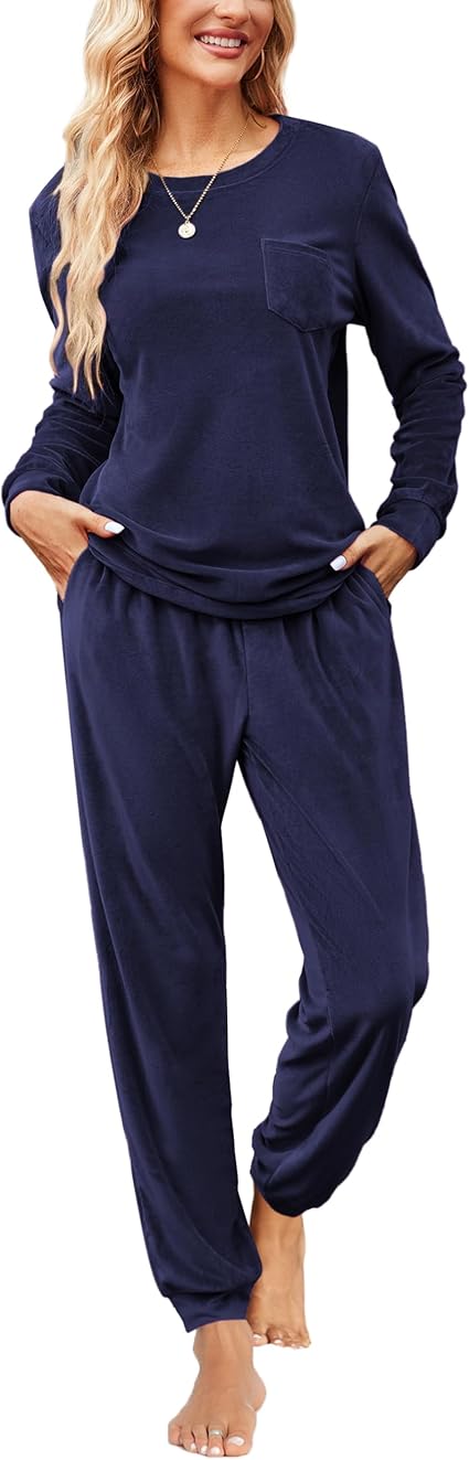 Ekouaer Womens Pajamas Sets Long Sleeve Soft Sleepwear 2 Piece Velvet Pjs Lounge Sets with Pockets