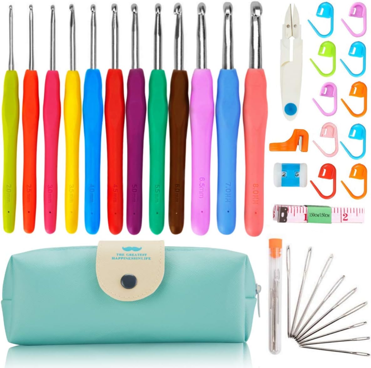 37 PCS Crochet Hooks Set, 2mm(B)-8mm(L) Ergonomic Soft Handle Crochets, Yarn Large Eye Blunt Needles, Stitch Markers Kit with Portable Case - Best Gift for Mom