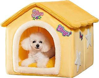 BOSERMEN Cat House, Cartoon Cat Cave Bed with Removable Washable Cushion Pillow, Cute Cat Tent, Warm and Soft Chimney Cat House for Dogs Cats Small Animals(M, Yellow)