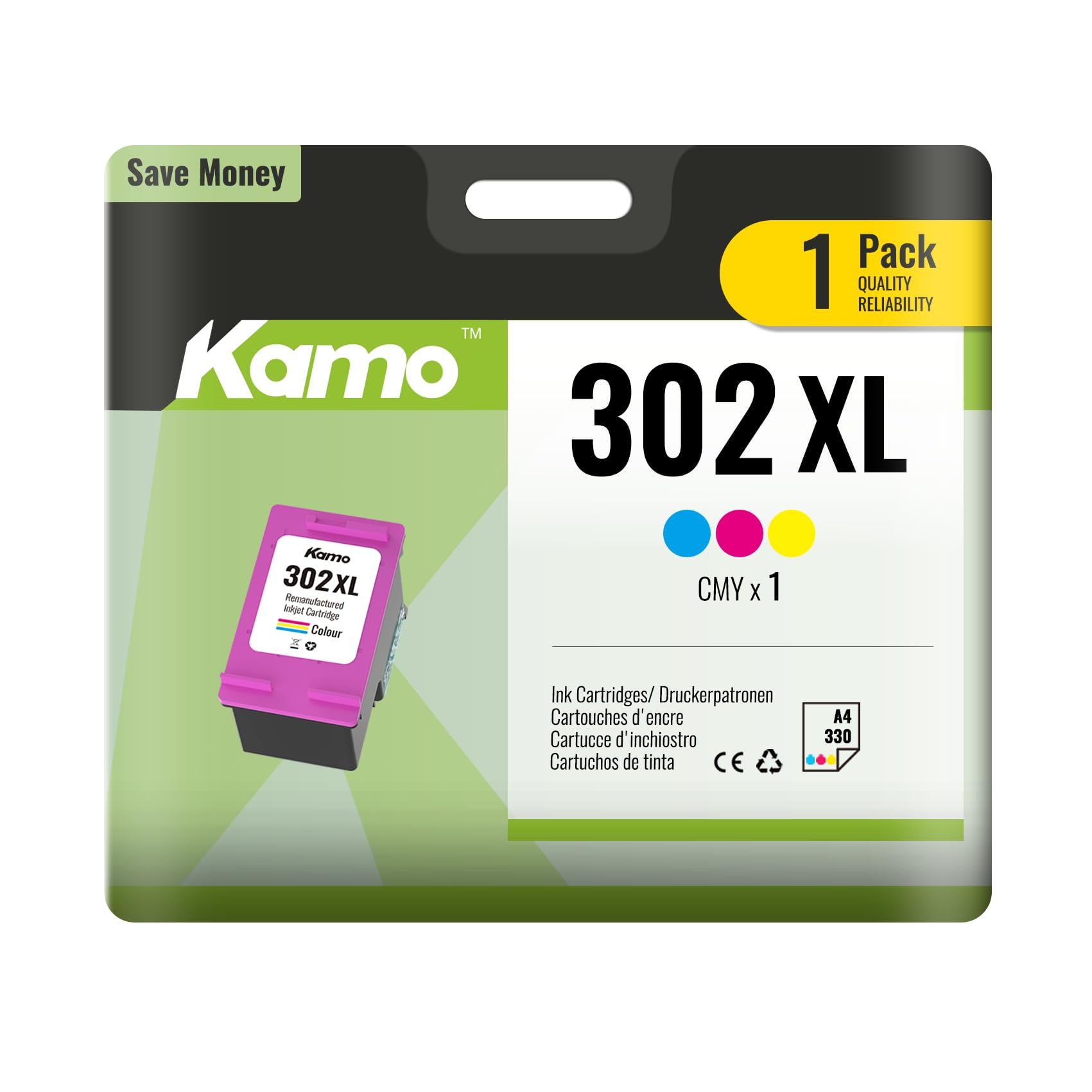 kamo 302XL (1 x kolor) wkłady do drukarki, kompatybilne z HP 302 302 XL - do Envy 4525 4520 4527 4522, OfficeJet 5230 3831 5220 3830 4650 4561 4562, DeskJet 3636 330 633 1 1 110 2130 3630