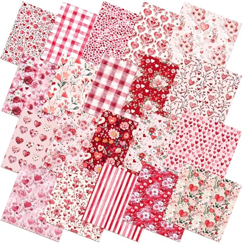 HunnmingRe 20 Pcs 10x10 Red Pink Floral Quilting Fabric Square Bundle Roses Heart Precuts Quiltted Fabric Cottagecore Plaid Printed Patchwork Supplies for Spring DIY Material Sewing Craft Strips