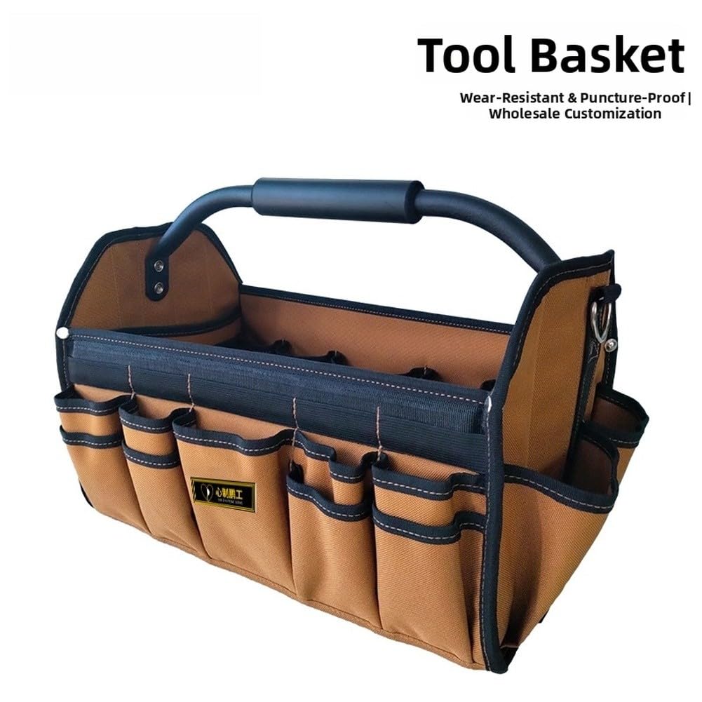 ZYWUOY Sac à outils robuste en tissu Oxford avec base rigide, 21 poches, poignées renforcées et bandoulière, rangement en polyester 900D pour électriciens, plombiers, mécaniciens, marron et noir