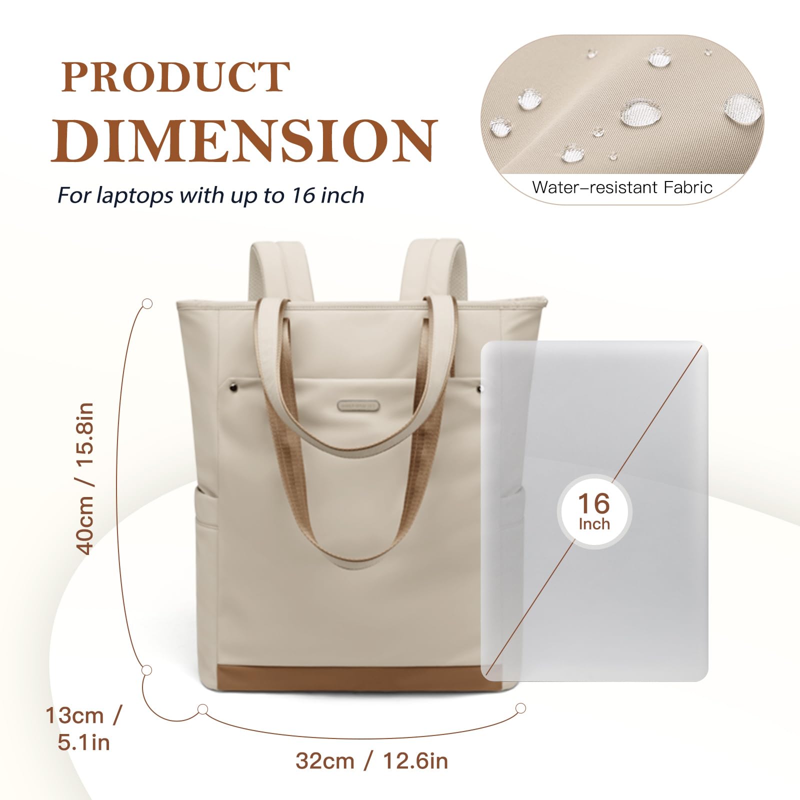 Sac à Dos Ordinateur Portable Femme 16 Pouces, Elegant Antivol 2 en 1 Sac à Main à Bandoulière Sac a Dos PC Portable pour College Loisir Voyage Affaire Travail, Abricot