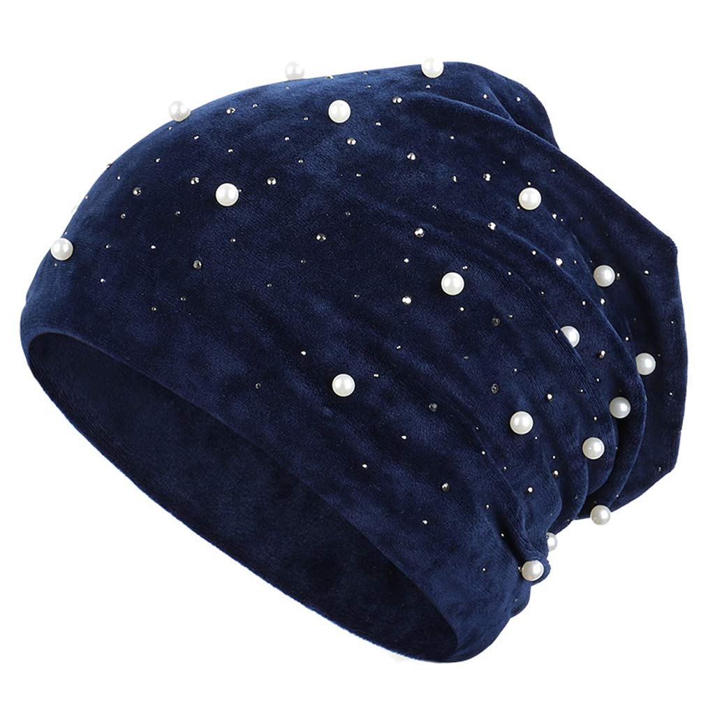 Goodluxx Women's Dark Blue Skullies Winter Velvet Hat Beanies Soft Warm Shiny Pearls Rhinestones Hats Skullies Velvet Beanies