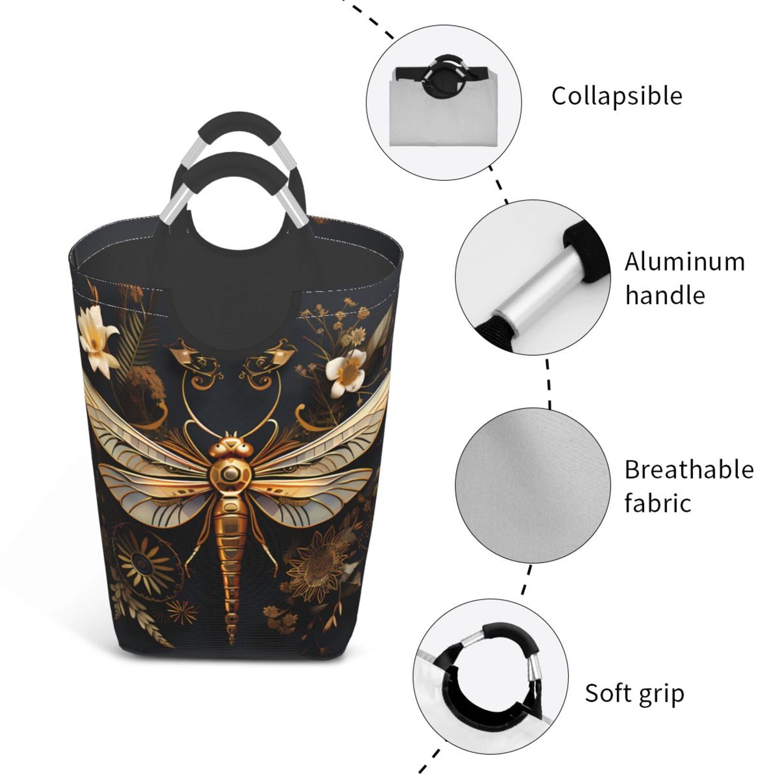 Exquisita bolsa de almacenamiento cuadrada de libélula dorada de 50 L, adecuada para múltiples escenas, cesta de almacenamiento plegable de ropa sucia.
