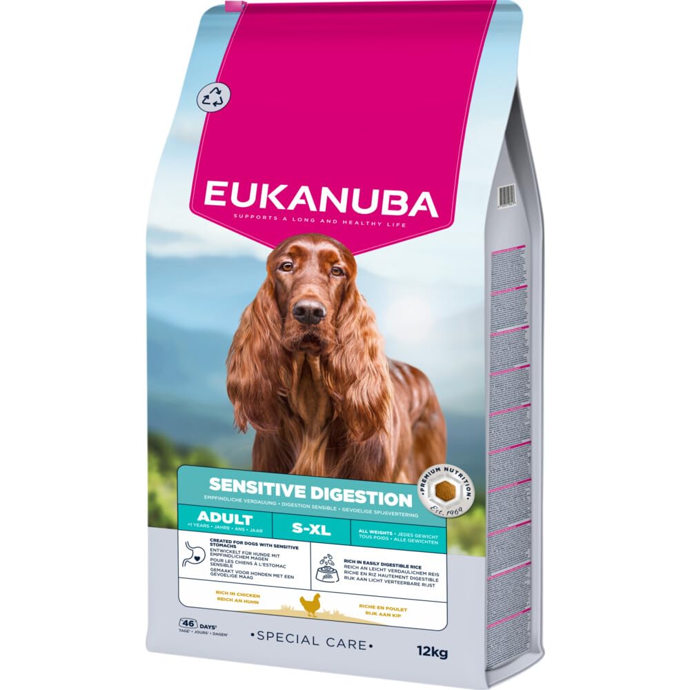 Eukanuba Sensitive Digestion karma dla psów z kurczakiem i łatwo przyswajalnym ryżem – przyjazna dla żołądka sucha karma dla dorosłych psów z wrażliwym trawieniem, 12 kg
