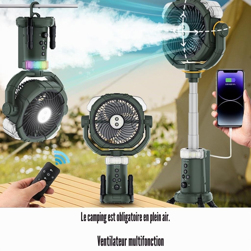 Ventilateur de sol portable à brume rechargeable à piles, hauteur réglable, oscillant, idéal pour le camping