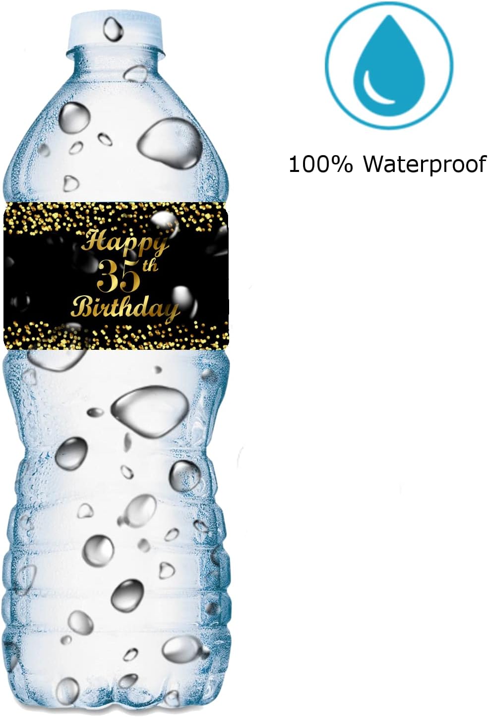 35th Birthday Black Water Bottle Labels; Set of 25 Waterproof Water Bottle Wrappers; Gold and Black Stickers. Happy Birthday Labels. Made in USA.