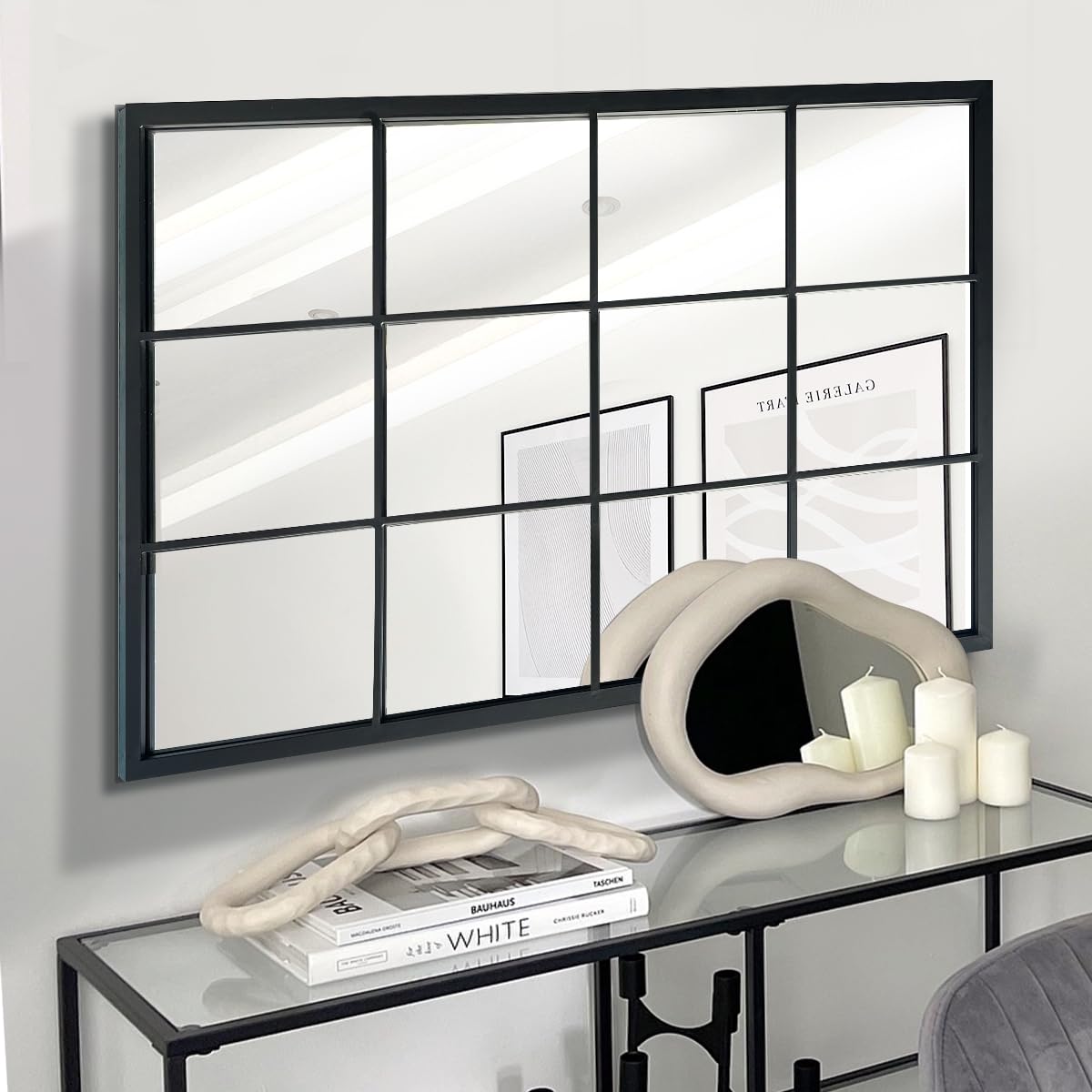 OUSHUAI Balck Rectangle Mirror,Window Pane Grid Mirror,Minimalism Wall Mounted Mirror for Entryway,Hallway,Living Room,Fireplace 24