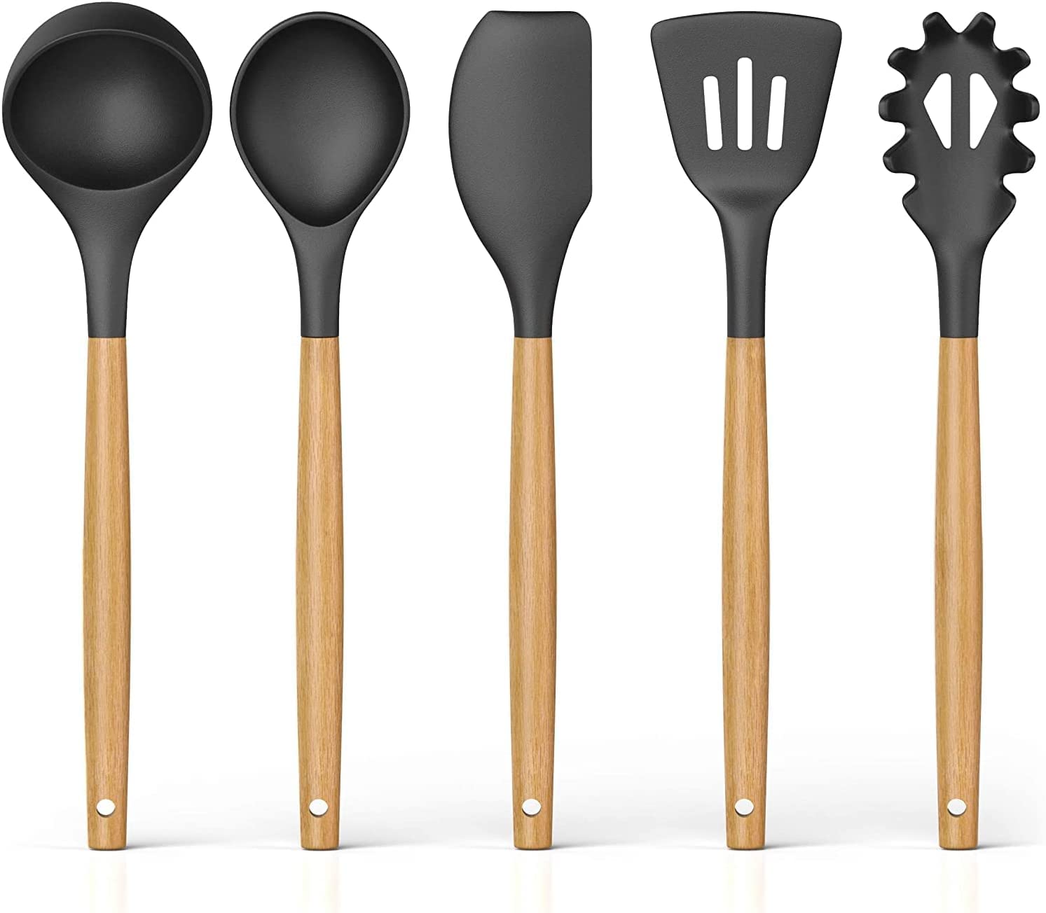FS COOL Kitchen Cooking Utensils Set, 5 Pieces Silicone Nonstick Kitchen Cooking Tool with Wooden Handle, Heat Resistant Cooking Tools Turner, Spatula Spoon for Nonstick Pan (Black)