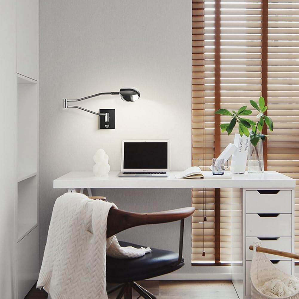 AoLa LED Wandleuchte Verstellbarer Lange Arm mit Schalter und Kabel, 9.5W Dimmbar Nachttischlampe Modern Wandlampe mit Stecker, Metall Wand Leselampe für Schlafzimmer Study, 4000K Warmweiß,Schwarz