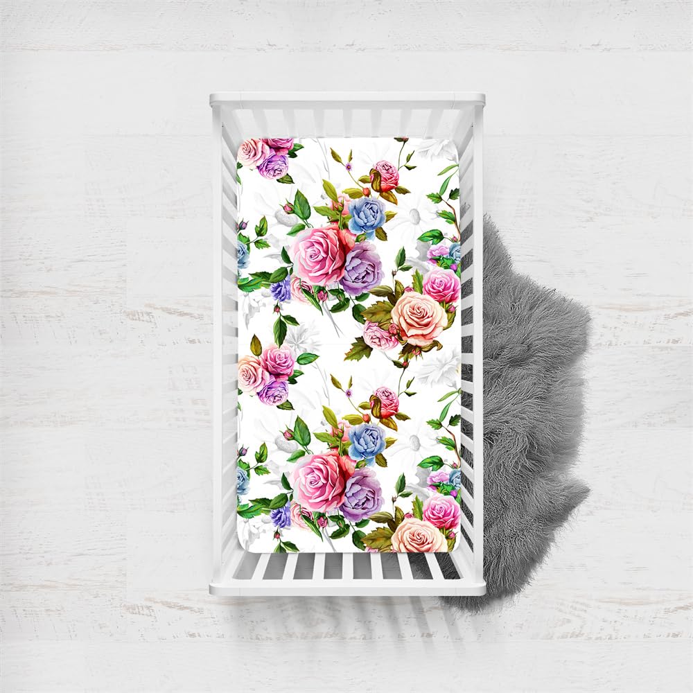Odot Cot Bed Fitted Sheets, Toddler & Baby Bed Sheets, Elegant Floral Print Microfiber Mattress Protector, Cozy Lightweight Bedside Cribs Bassinet Sheets for Boys Girls (45x90cm,Roses)