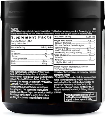 Miniatura 3 de BEYOND RAW LIT  Polvo de preentrenamiento dosificado clínicamente  Contiene cafeína, L-citrulina, beta-alanina y óxido nítrico  Jolly Rancher Blue