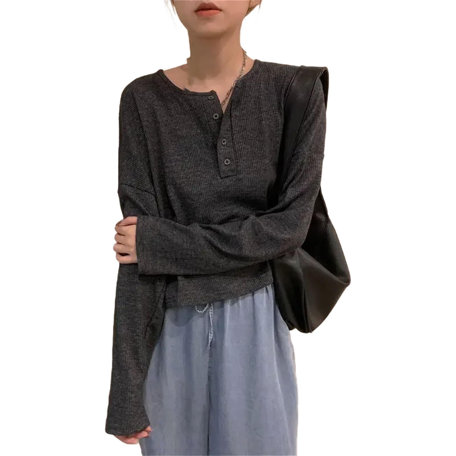 Tinta unita Maglia Basic T-Shirt Donna Casual Girocollo Pulsante Decorazione Manica Lunga Top Donna