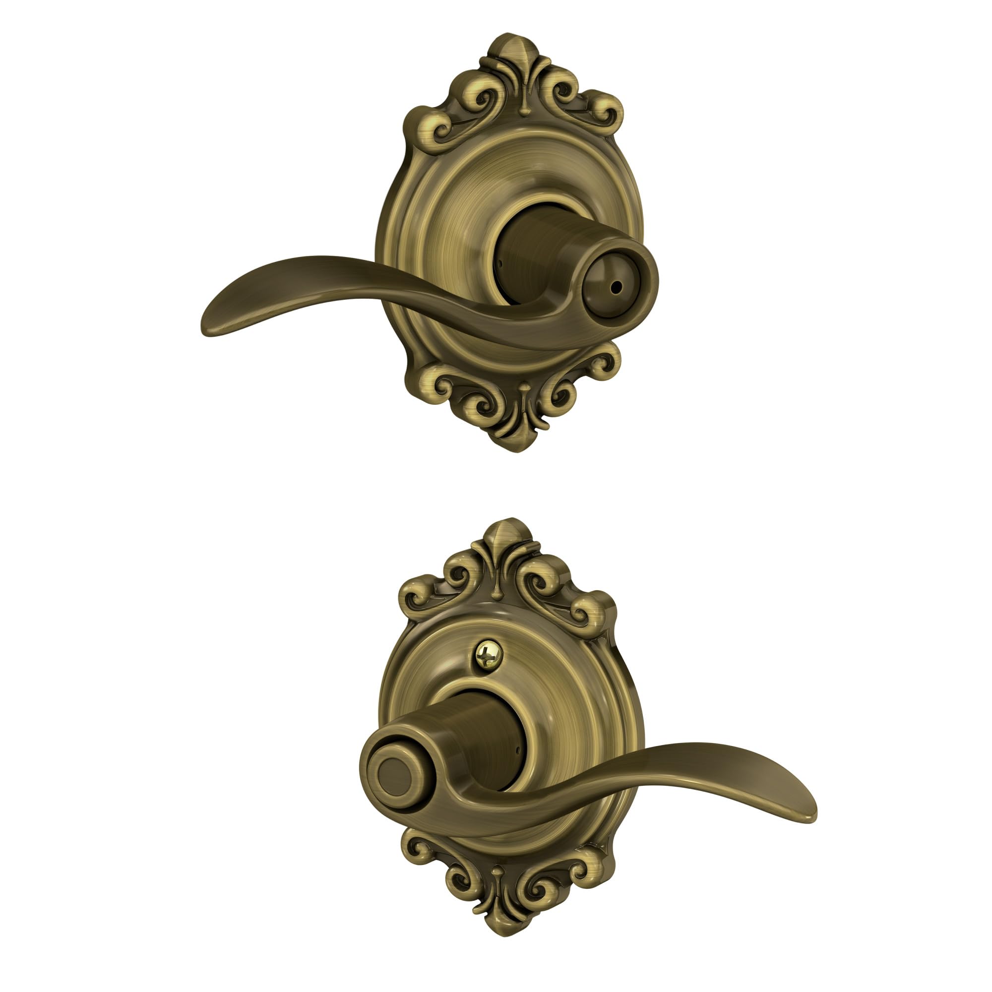 SCHLAGE Accent Lever with Brookshire Trim Bed and Bath Lock in Antique Brass - F40 ACC 609 BRK | Interior bedroom or bathroom door lever with push button lock, Reversible, Easy install, Certified durability, Universal fit