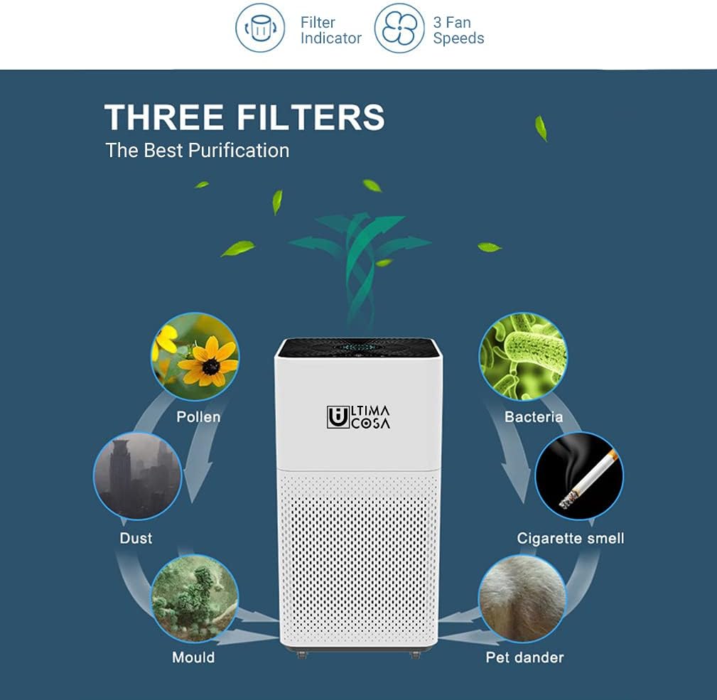 Diagram showing air purifier features: Filter Indicator, 3 Fan Speeds, and types of pollutants removed