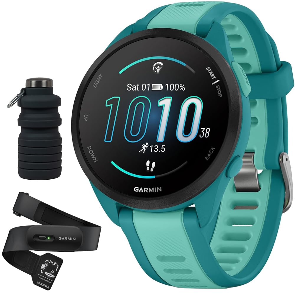 Garmin Forerunner 165 Music Smart Sport Watch, Turquoise + Aqua with HRM 200 Heart Rate Monitor Strap (XS-S) Bundle with Deco Essentials Collapsable Water Bottle