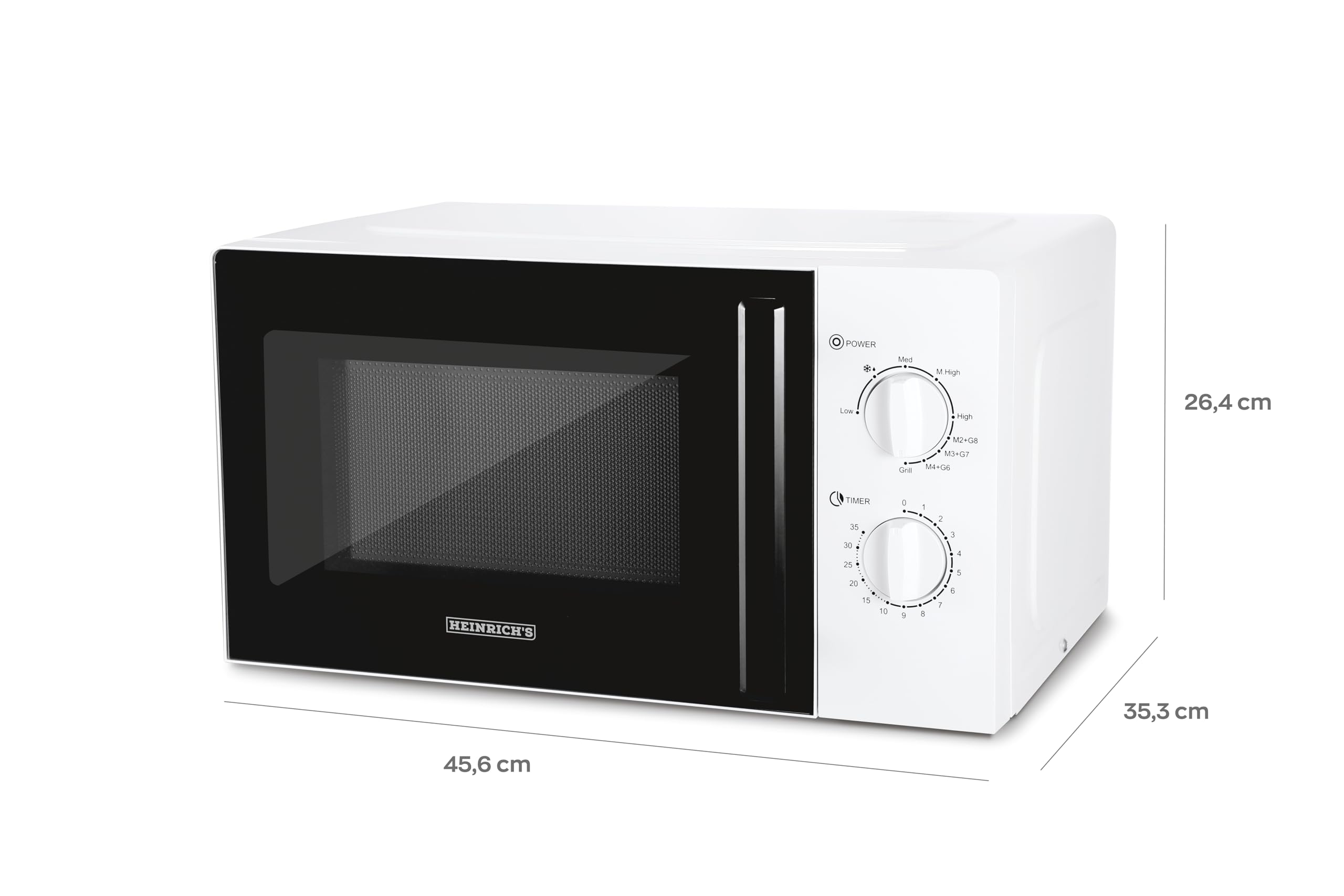 HEINRICHS Mikrowelle, kompakte Mikrowelle, 20L Volumen, 9 Leistungsstufen, inkl.35min.Timer, Defrost Funktion, Innenraumbeleuchtung, 360°Drehteller, mit Grillfunktion,1000W Leistung, Heinrich´s(weiß)