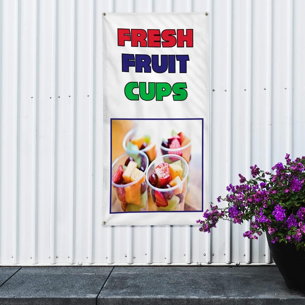 Vertical Vinyl Banner Multiple Sizes Fresh Fruit Cups Food Fair Restaurant Cafe Market Restaurant and Food Outdoor Weatherproof Industrial Yard Signs 4 Grommets 40x16Inches