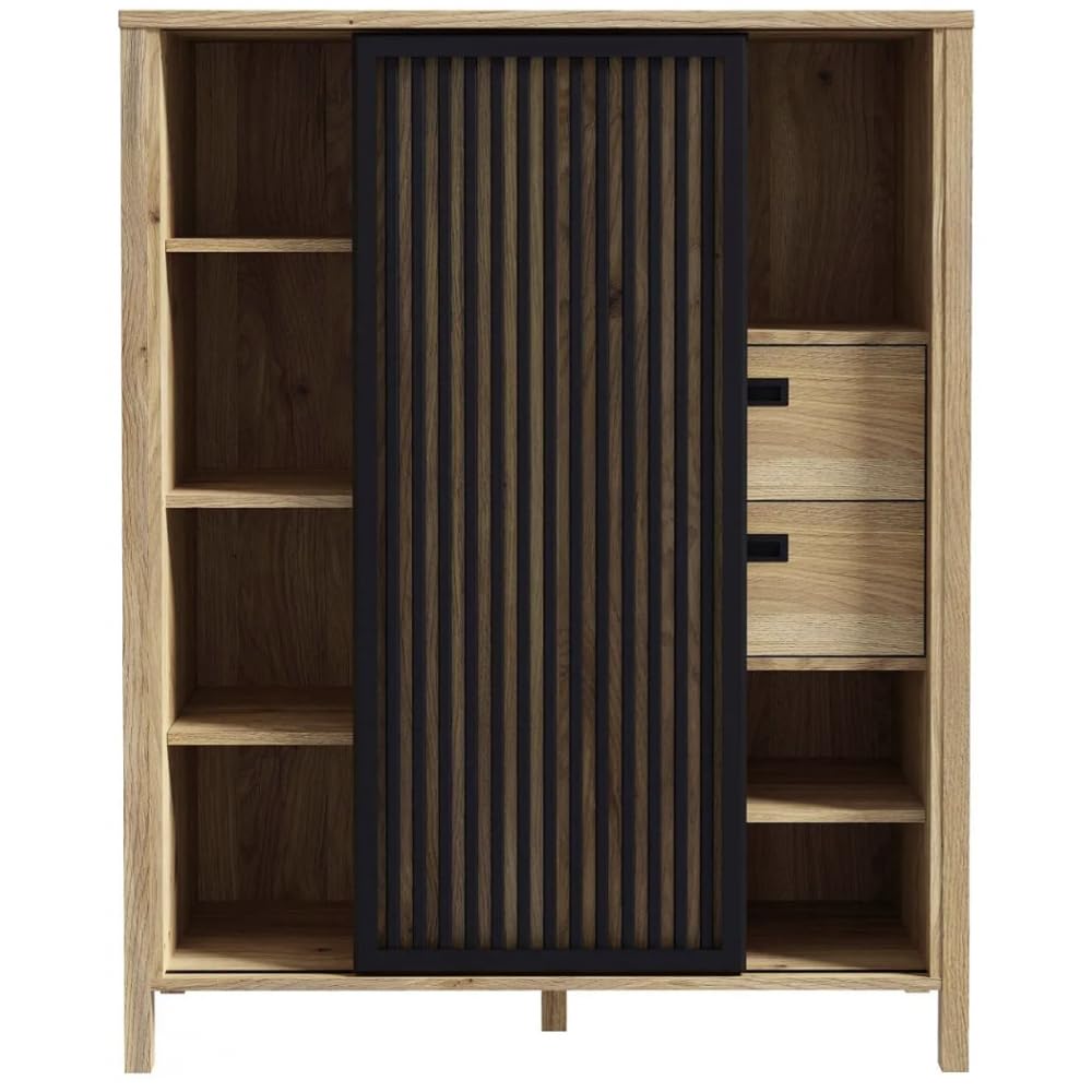 Forte JYTANA Schrank 100 105, skandinavischer Schrank mit 2 Schubladen, Schranktür und 3 offenen Fächern, Mauvella Eiche mit Schwarz, 103,4 cm breit x 129,9 cm hoch x 40,2 cm tief