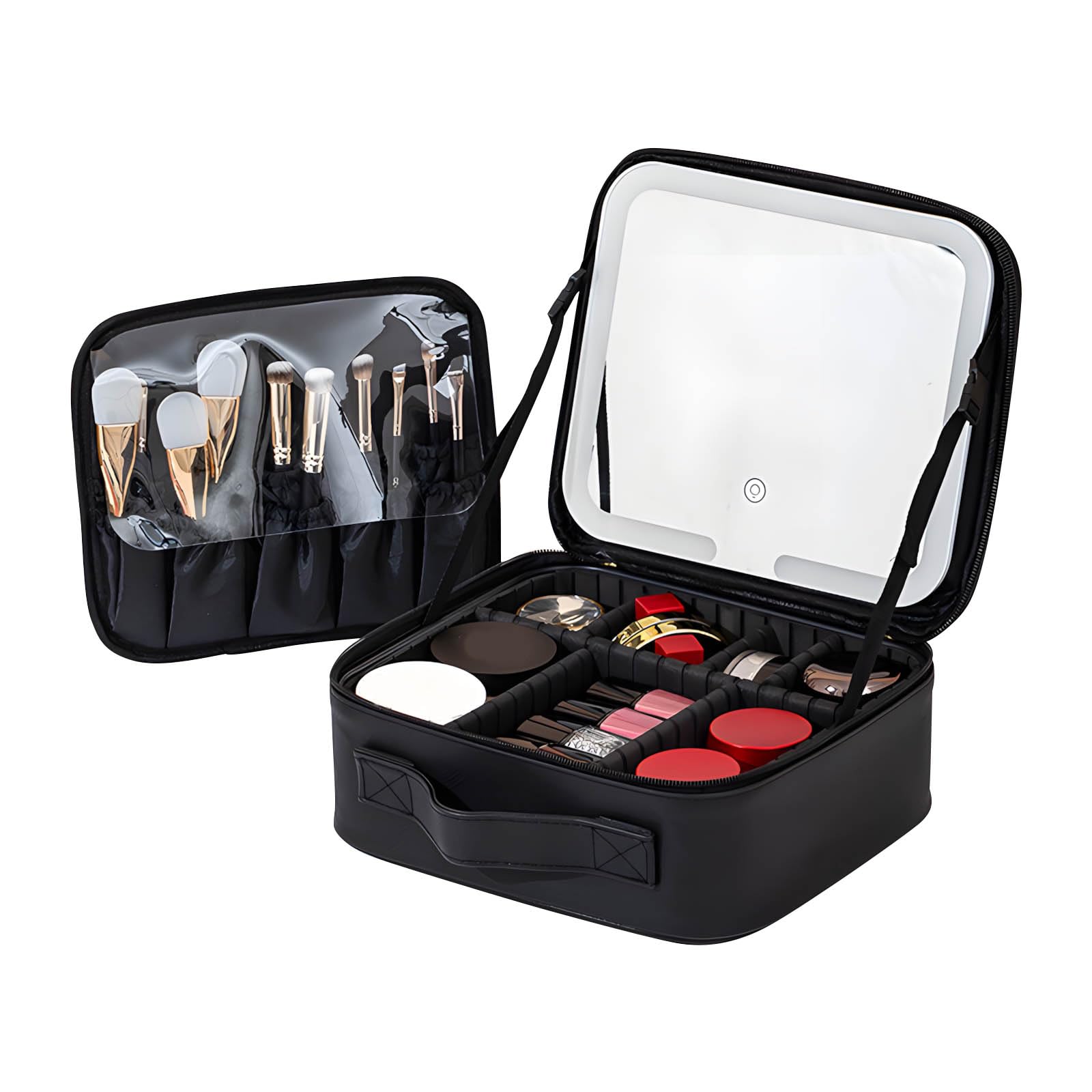 Elnwnnkc LED Lighted Travel Makeup Bag Spacious Waterproof PU Cosmetic Case with Glasses and Compartments Lighted Makeup Pouches LED Bag with Light